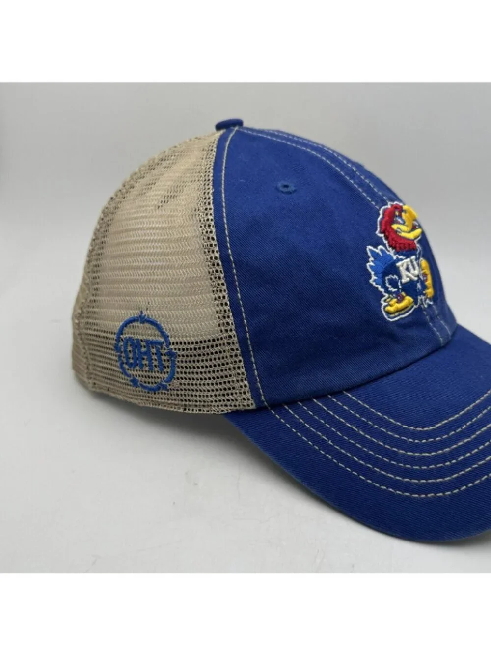 Kansas Jayhawks KU NCAA Adjustable Trucker Hat Royal Blue Tan Cap OHT 47 Brand
